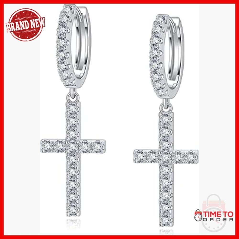 Sterling Silver Moissanite Cross Drop Earrings Hypoallergenic Lightweight